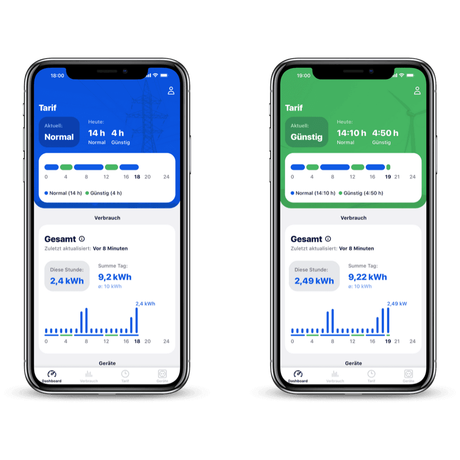 Two view of the app: On the left, when there is no renewable energy available and on the right, when there is